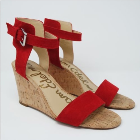 red strappy wedge sandals